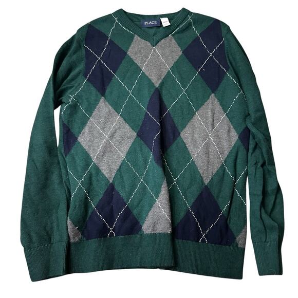 THE CHILDREN’S PLACE V- neck Argyle Sweater Green Navy blue and Gray CHRISTMAS - Picture 6 of 6